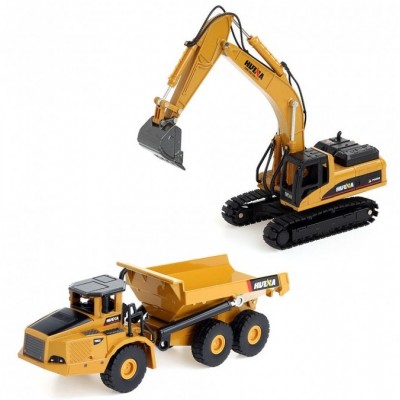 1/50 SCALE 2 PCS SET - ARTICULATED TRUCK & EXCAVATOR - DIE-CAST ENGINEERING VEHICLE MODEL - HUINA 1611